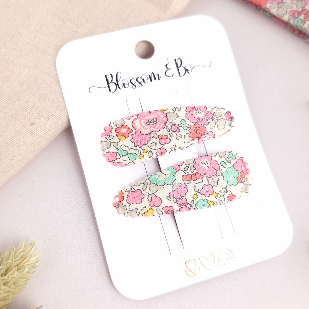 Liberty Betsy floral hair clips for girls on Blossom & Bo display card