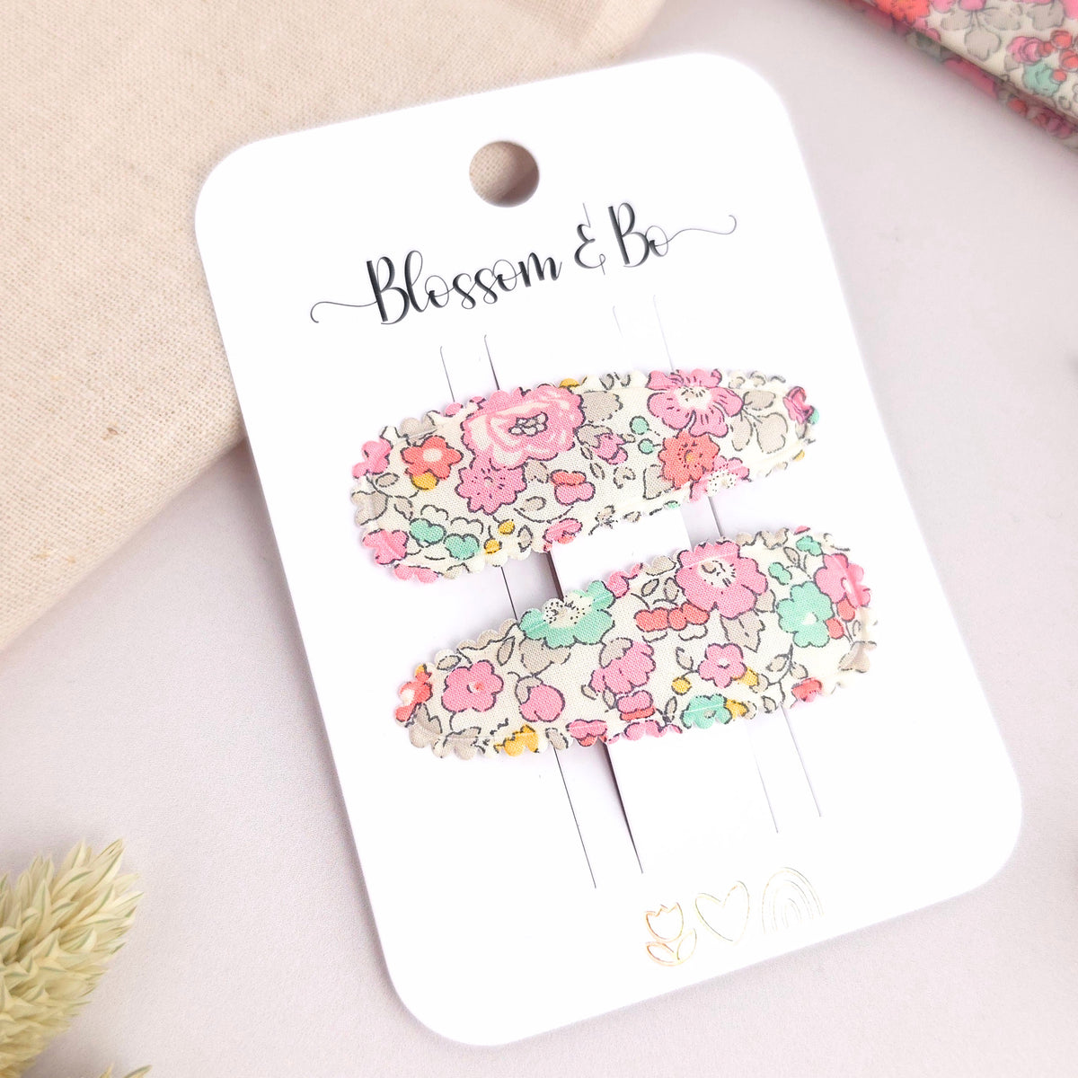 Liberty Betsy floral hair clips for girls on Blossom & Bo display card