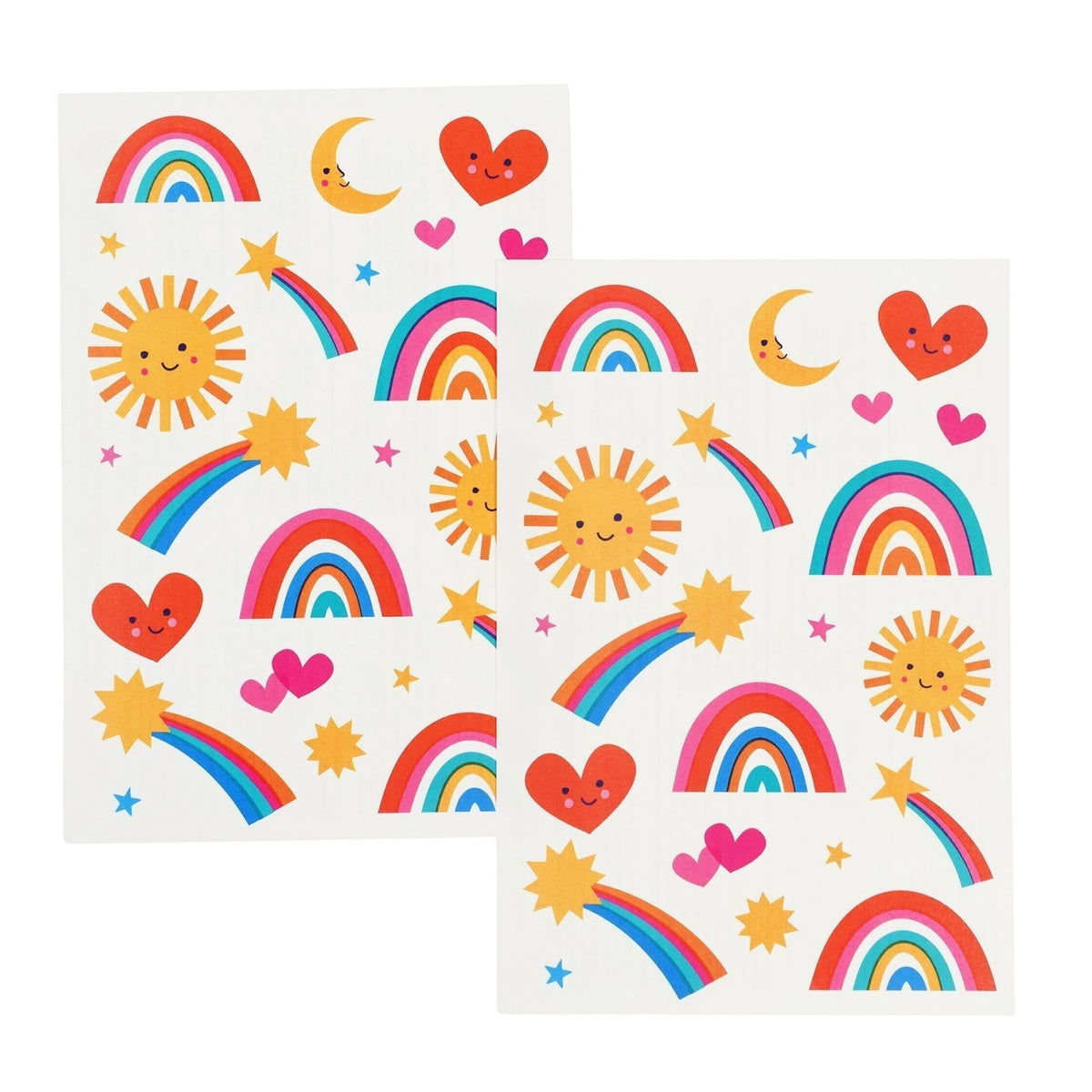 Colourful Cosmic Love temporary tattoos with rainbows, suns, hearts and shooting stars.