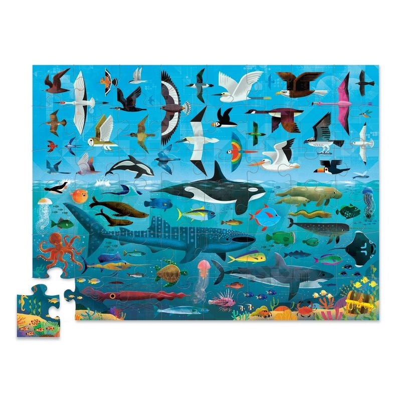 Crocodile Creek Above & Below Sea & Sky 48 Piece Puzzle featuring sea life beneath the ocean and bids flying in the sky.