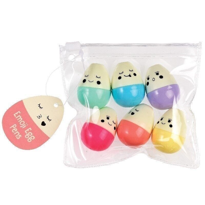 Set of colorful egg-shaped pens with faces in a clear plastic bag on a white background