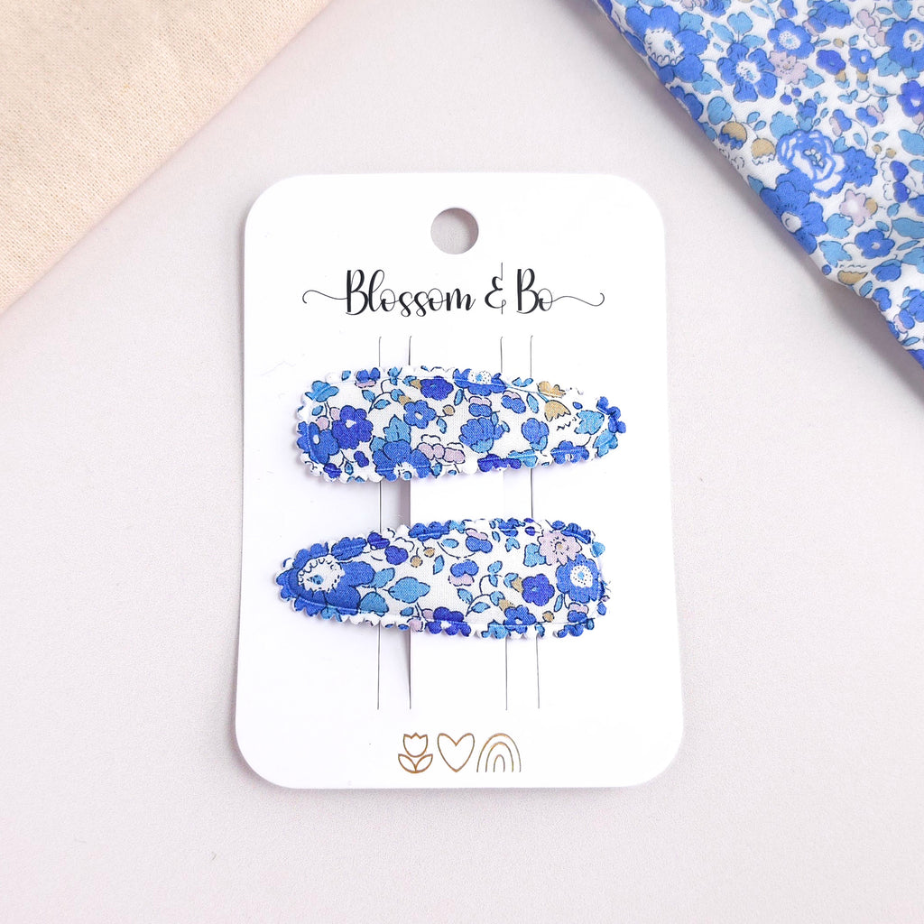 Blue floral Liberty fabric snap clips for girls