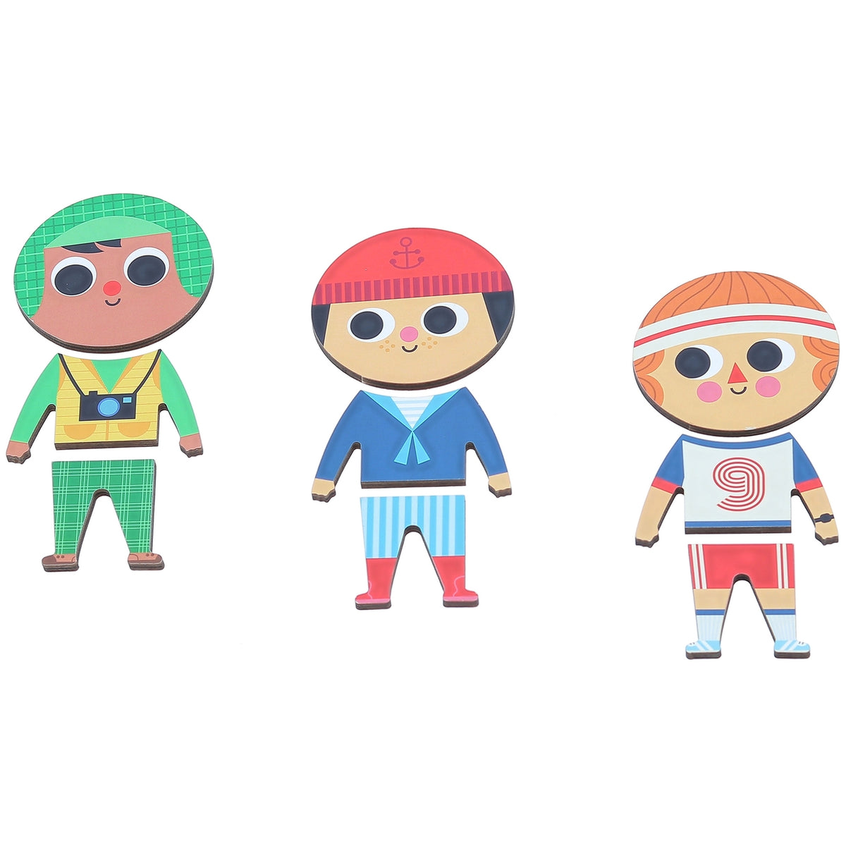 Set of three wooden dress up outfits