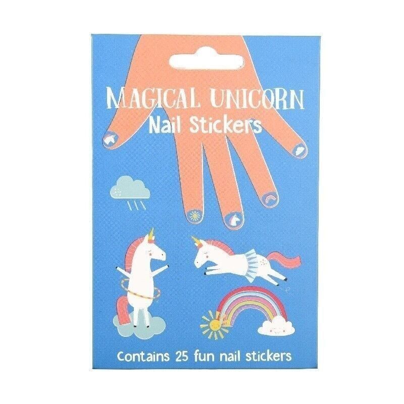 Packaging of Magical Unicorn nail stickers with illustrations on a blue background