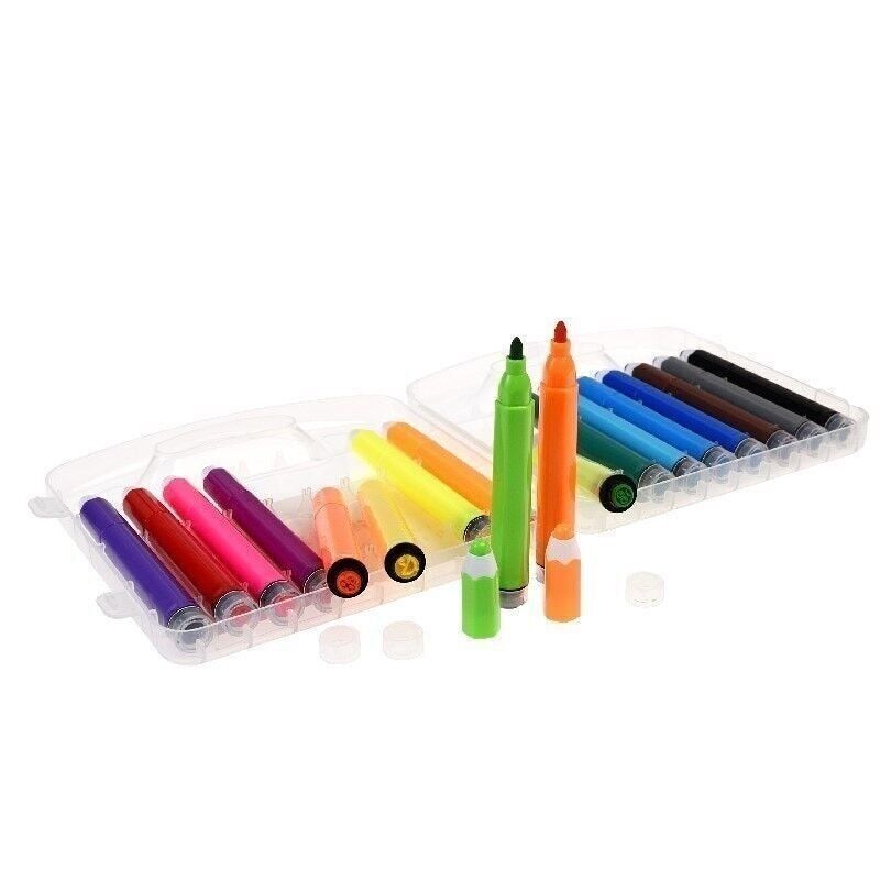 Set of colorful markers in a clear plastic case on a white background