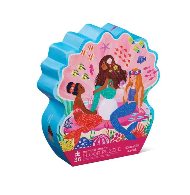 Mermaid-themed floor puzzle packaging with colorful mermaids on a white background
