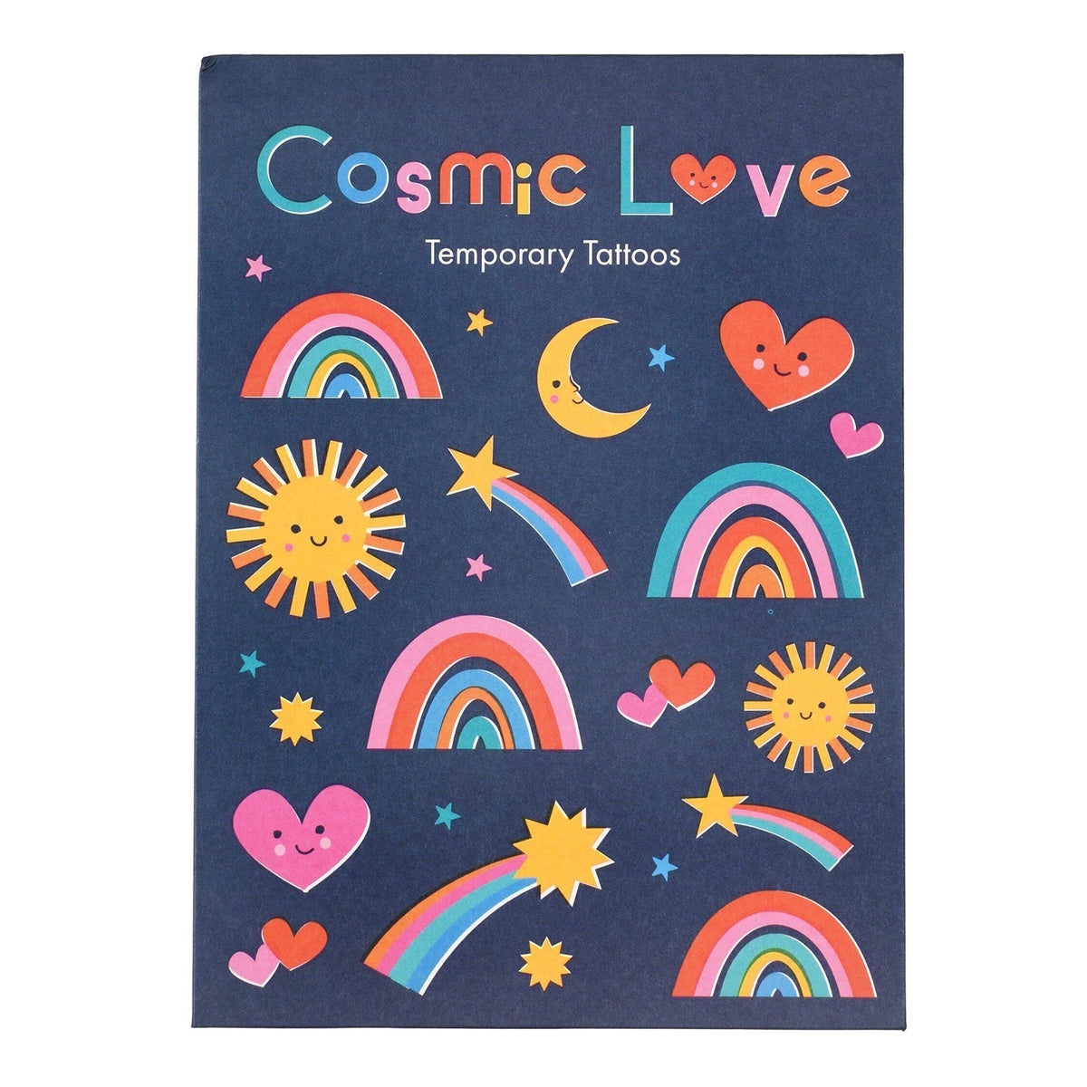 Cosmic Love temporary tattoos packaging with colorful designs on a blue background