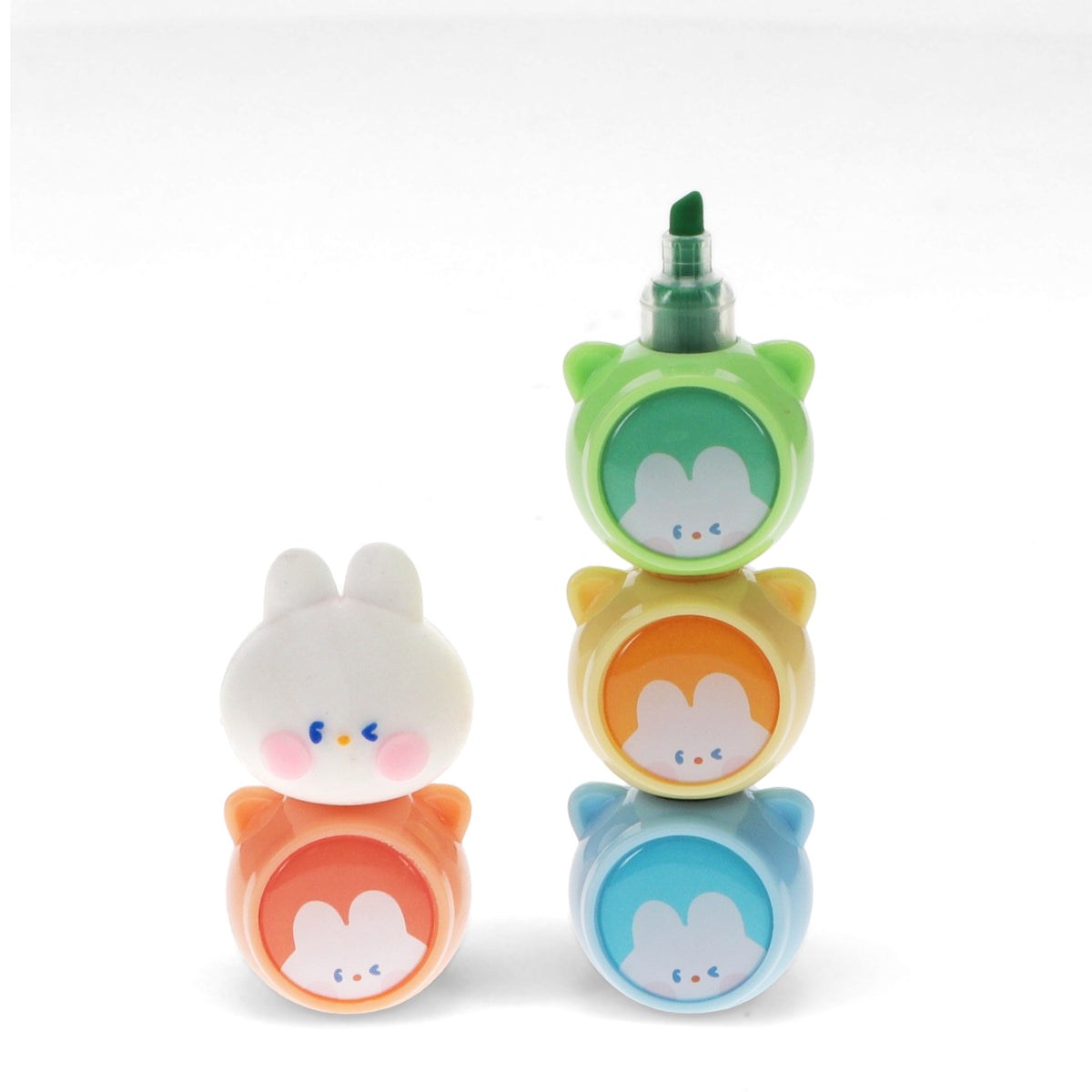 Set of colorful cartoon stampers with animal designs on a white background
