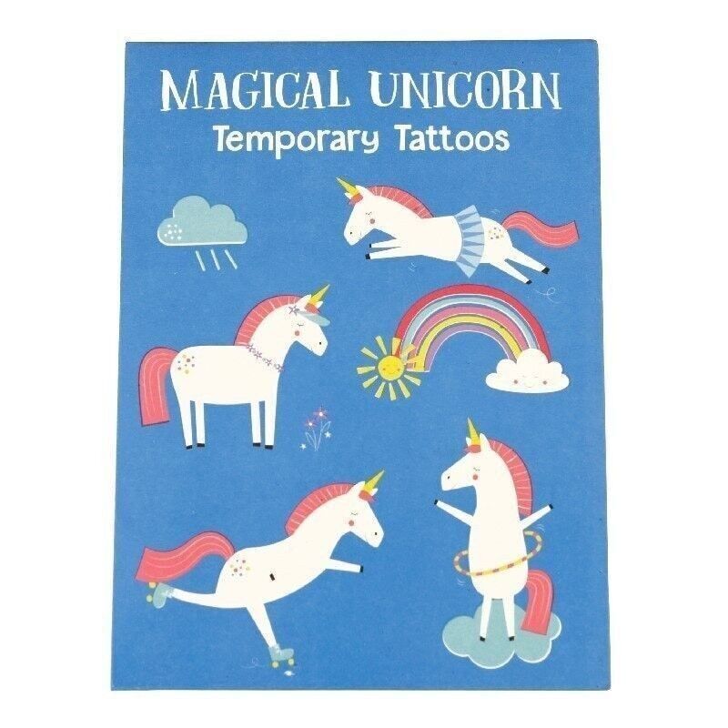 Magical Unicorn temporary tattoos with cartoon unicorns and rainbow on a blue background