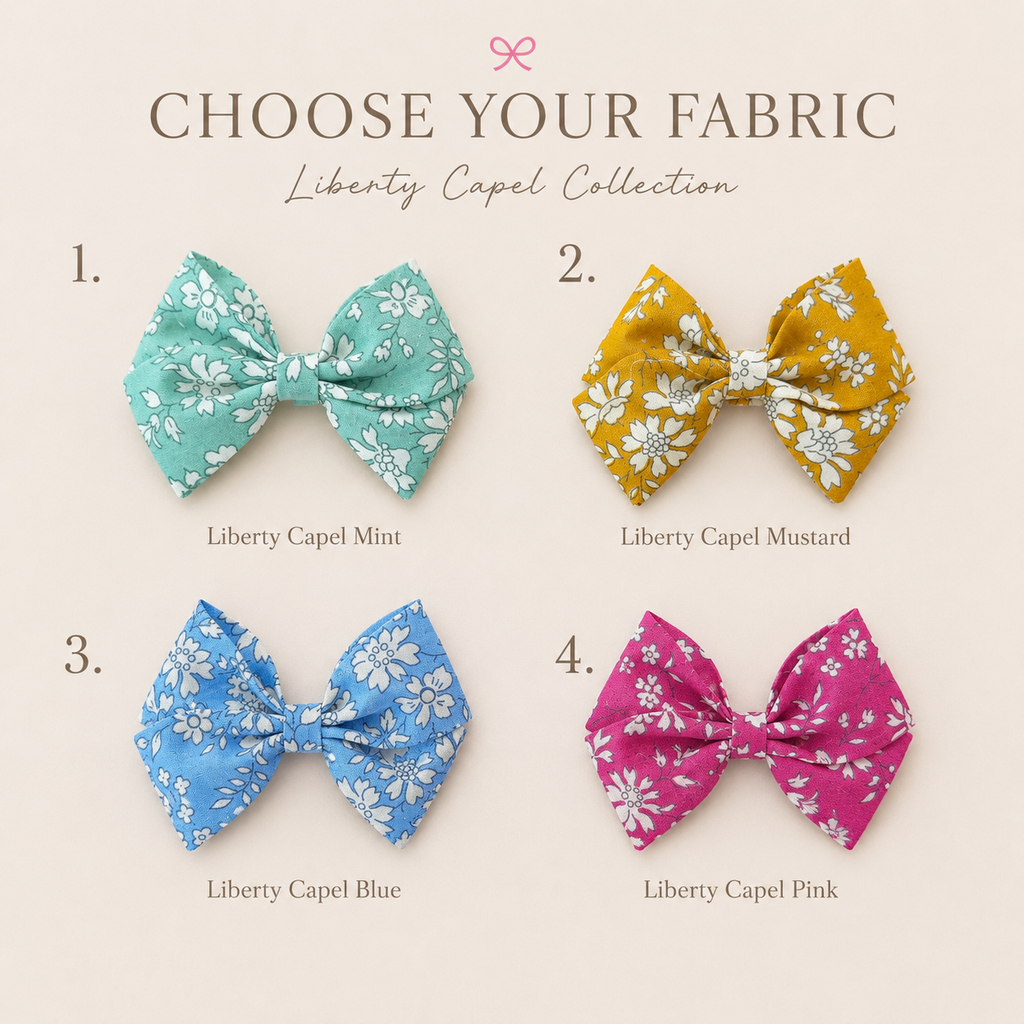 A fabric selection graphic for the Liberty Capel Collection, showing four bow-shaped fabric samples labeled Mint, Mustard, Blue, and Pink on a light beige background with the text 'CHOOSE YOUR FABRIC'.