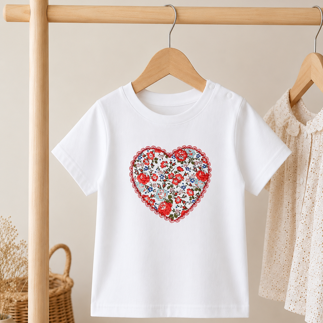 A white short-sleeve children's T-shirt hanging on a wooden hanger, featuring a colorful floral heart graphic on the chest. The shirt is displayed on a wooden clothing rack next to another cream-colored lace top.