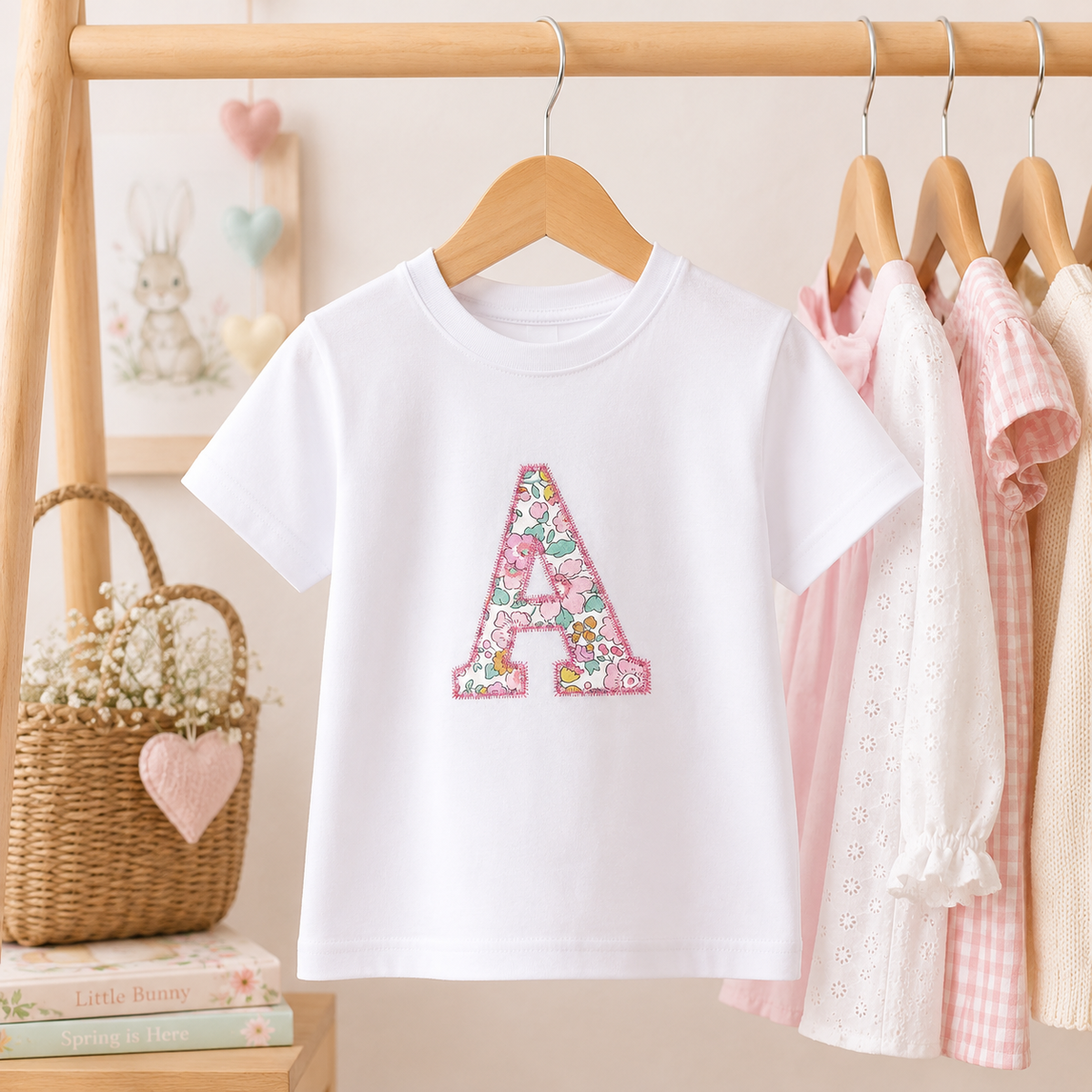 A white short-sleeve children's T-shirt hanging on a wooden hanger, featuring a large decorative capital letter 'A' on the chest filled with a pink floral pattern. The shirt is displayed on a wooden clothing rack alongside other pastel-colored baby clothes, with a wicker basket and books in the background.