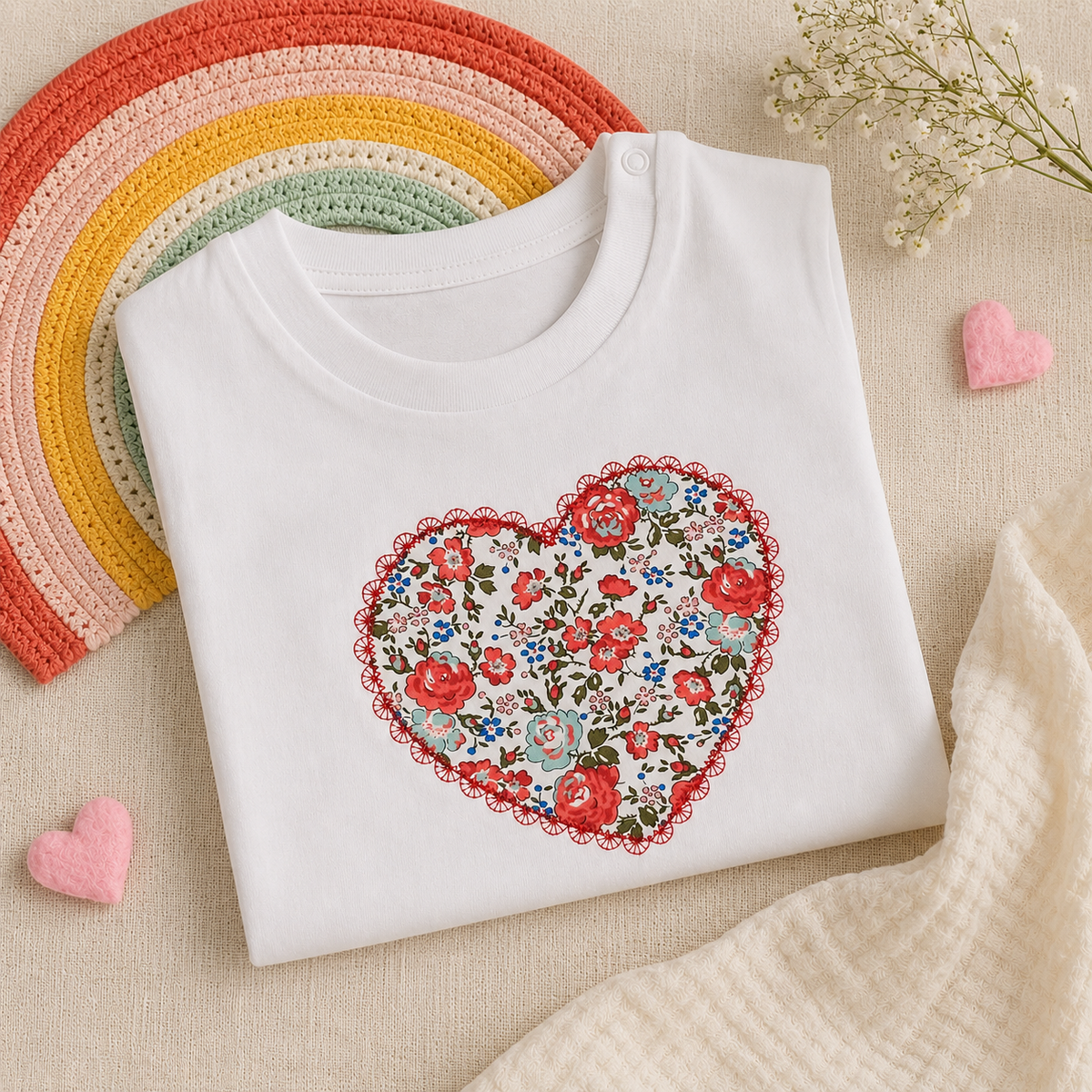 A folded white short-sleeve T-shirt with a large heart-shaped floral print on the front, styled on a beige fabric surface with a rainbow crocheted mat, small pink hearts, dried flowers, and a cream textured cloth.