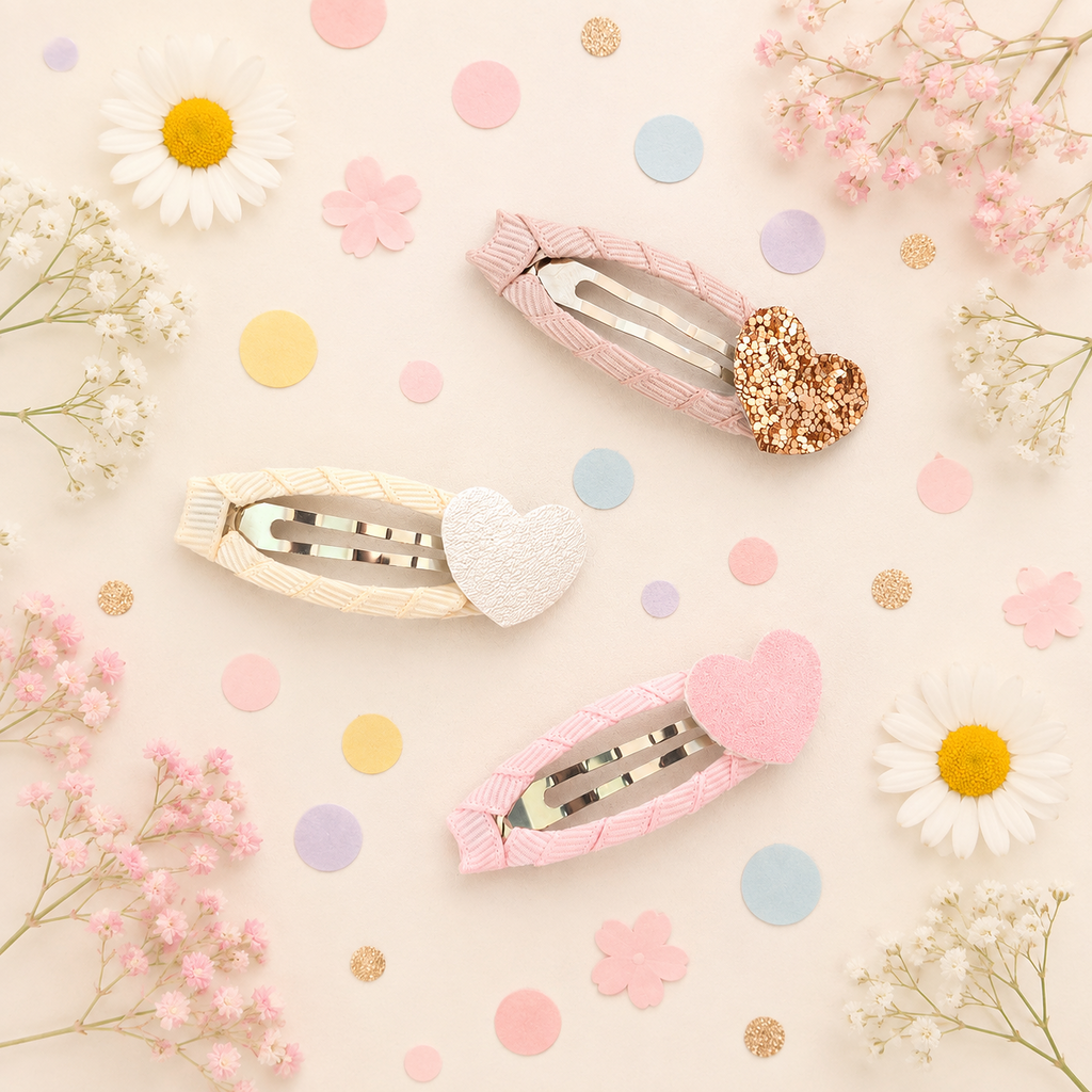 Three decorative hair clips arranged on a light cream background with scattered pastel confetti, daisies, and pink baby's breath flowers. The clips have nude, cream and pink ribbon with heart-shaped embellishments in glittery rose gold, textured white, and soft pink.