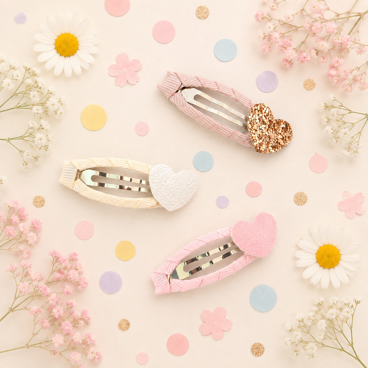 Three decorative hair clips arranged on a light cream background with scattered pastel confetti, daisies, and pink baby's breath flowers. The clips have nude, cream and pink ribbon with heart-shaped embellishments in glittery rose gold, textured white, and soft pink.