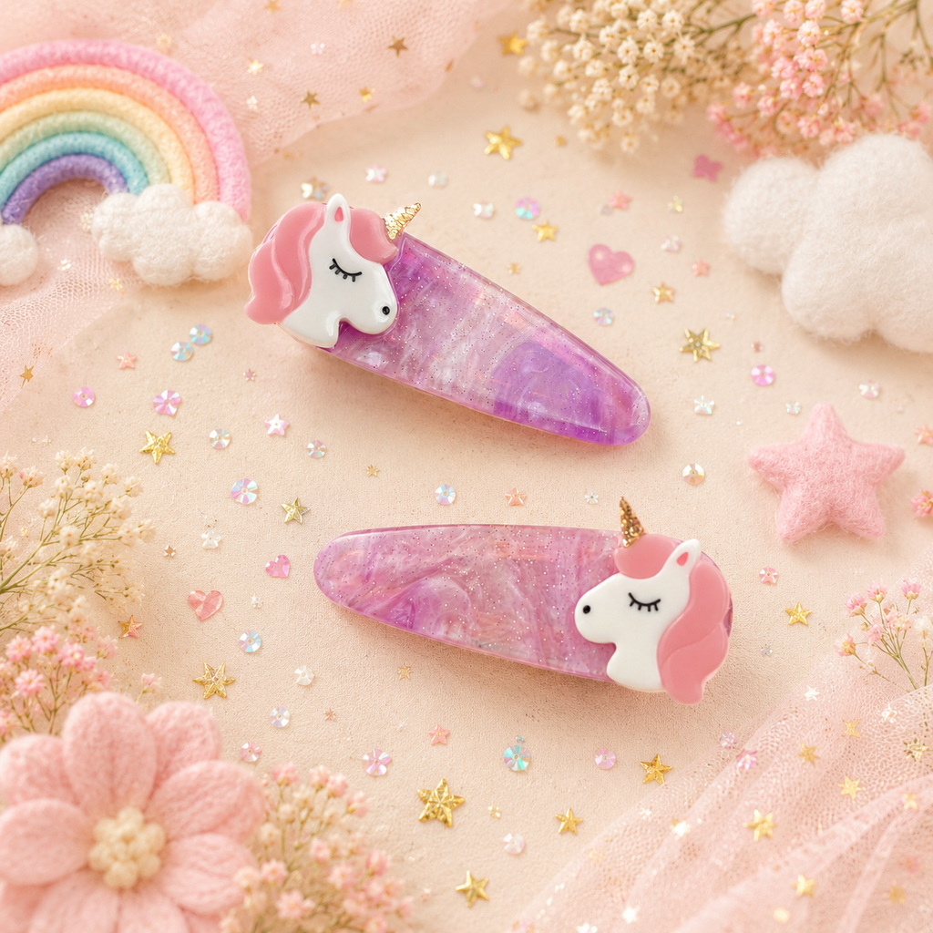 Purple unicorn hir clips with pink manes and gold horns on a pastel background