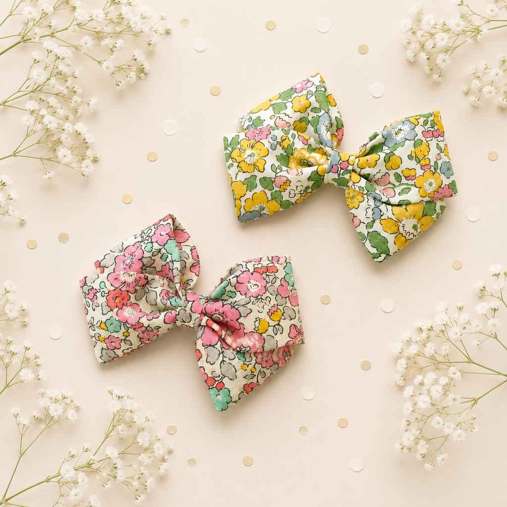 Two fabric hair bows with floral prints, one in pink and red flowers and the other in yellow and white flowers, displayed on a light beige background with baby's breath flowers and confetti.
