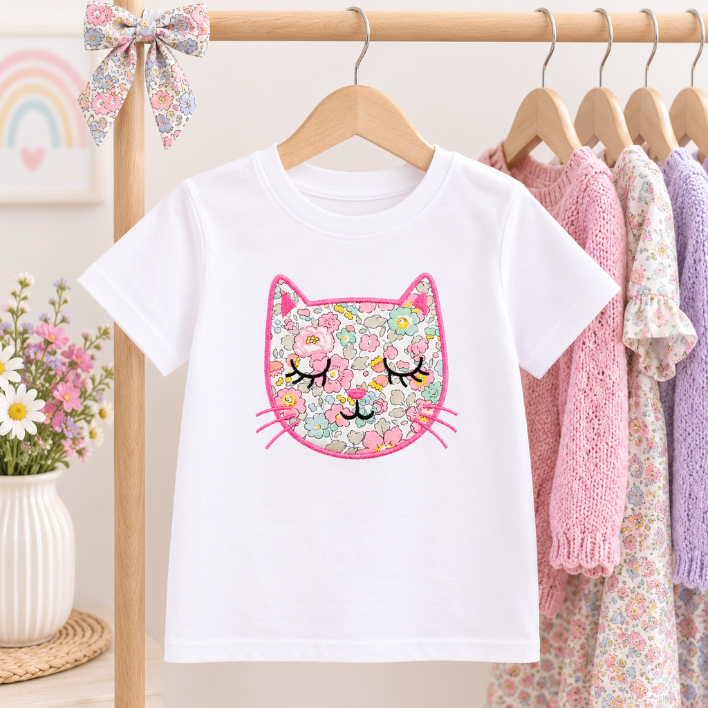 A white short-sleeve kids' t-shirt hanging on a wooden hanger, featuring a colorful floral cat face graphic on the front. The shirt is displayed on a clothing rack alongside other pastel-colored garments, with a decorative bow on the wooden hanger and a vase of flowers in the background.