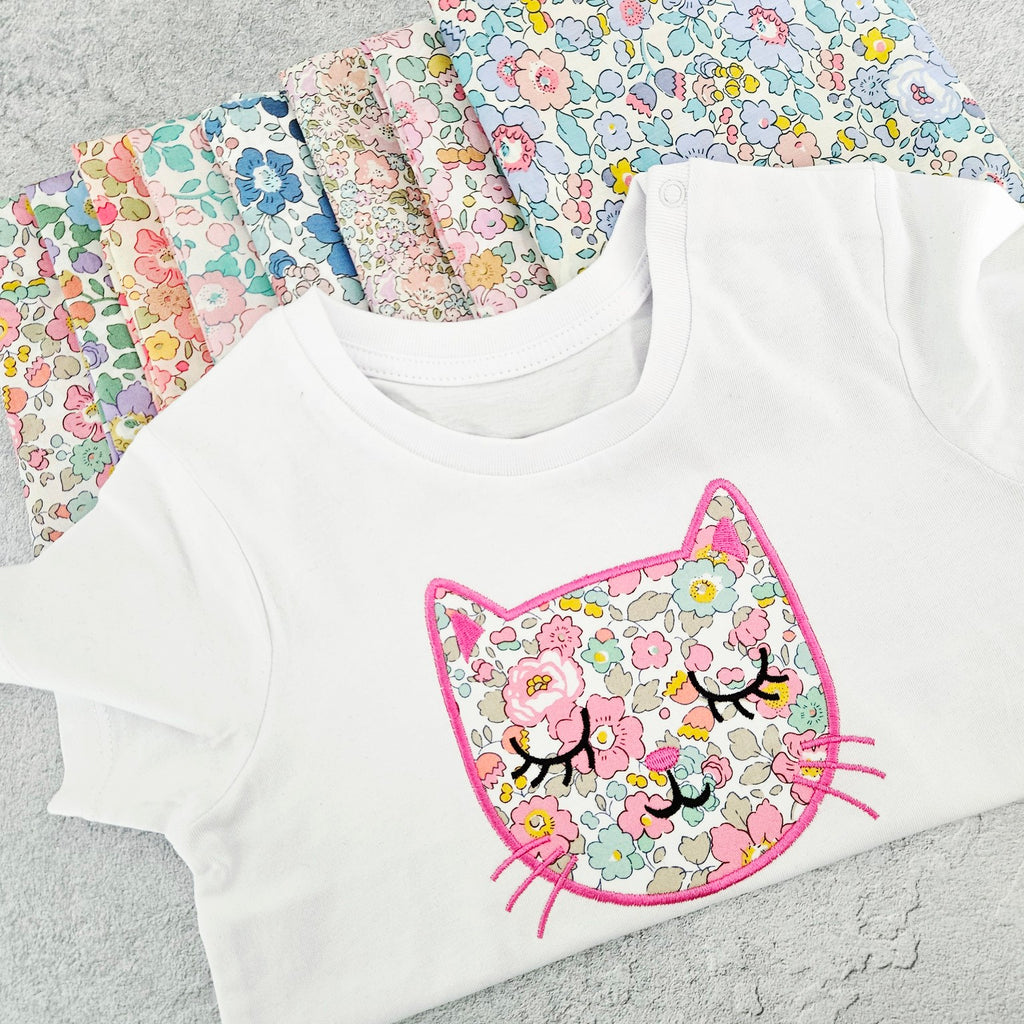 Girls Cat Appliqué T-Shirt – Organic Cotton & Liberty Fabric