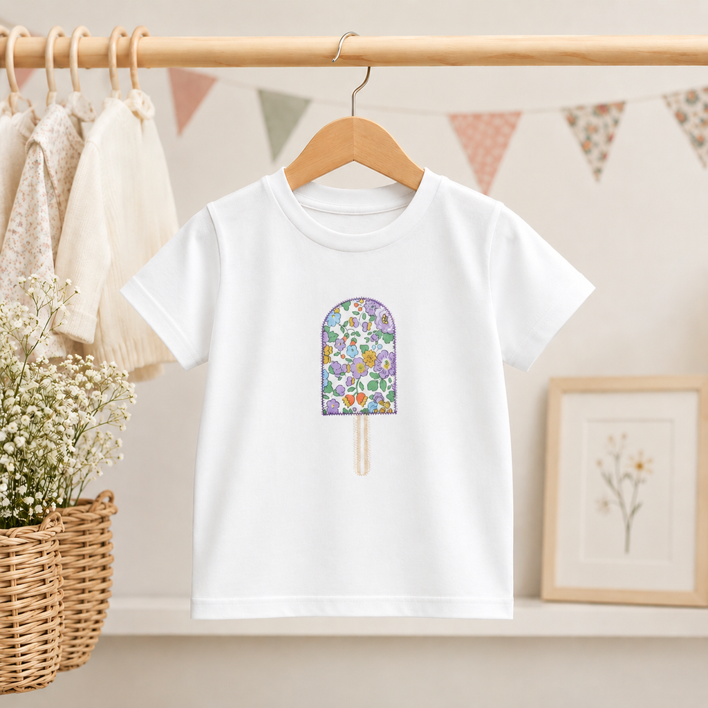 White t-shirt on a hanging rail with an ice lolly applique on the front in purple Betsy Liberty of London fabric.