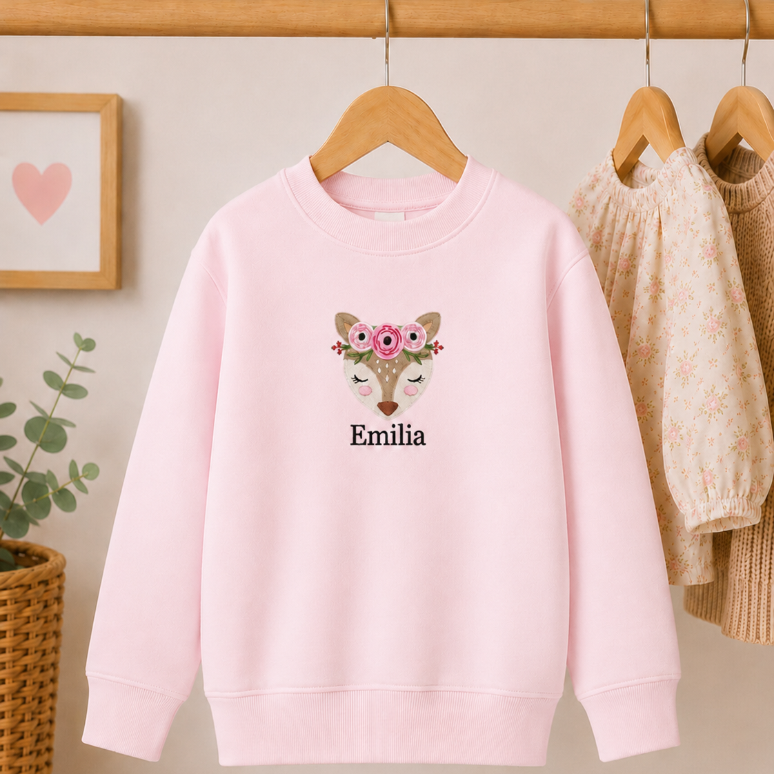 A light pink crewneck sweatshirt hanging on a wooden hanger, featuring a custom embroidered deer design with flowers and the name 'Emilia' printed below. The sweatshirt is displayed on a clothing rack in a cozy room setting with other garments and a framed heart print in the background.