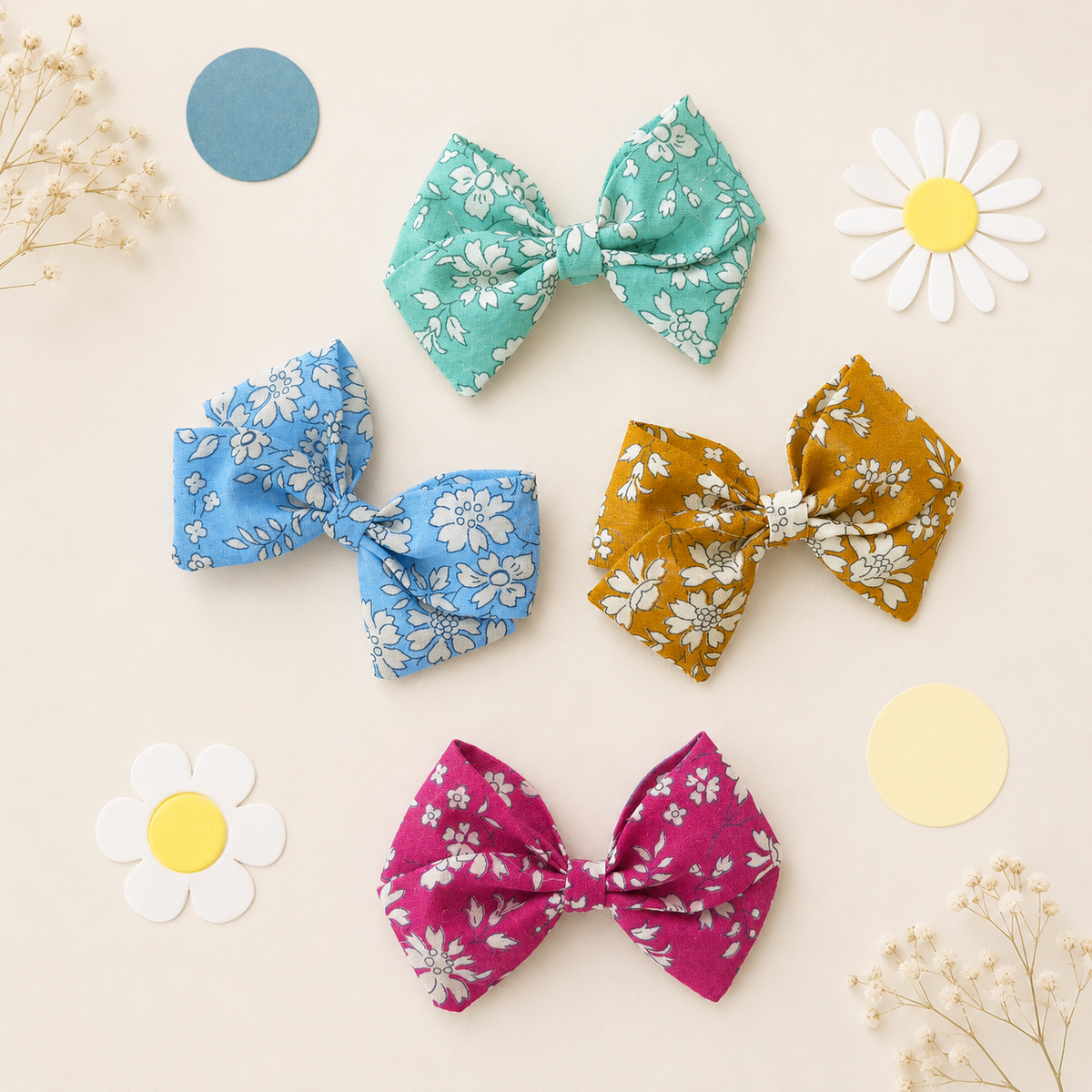 Four Liberty fabric hair bows in different floral prints are arranged on a light beige background with decorative paper flowers and circles. The bows are in mint, light blue, mustard yellow, and magenta, each with a white floral pattern.
