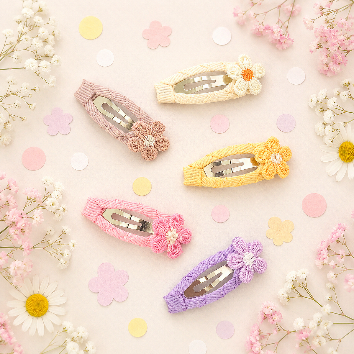 Set of 5 pastel flower hair clips in .ream, pink, yellow, tan  and lilac shades