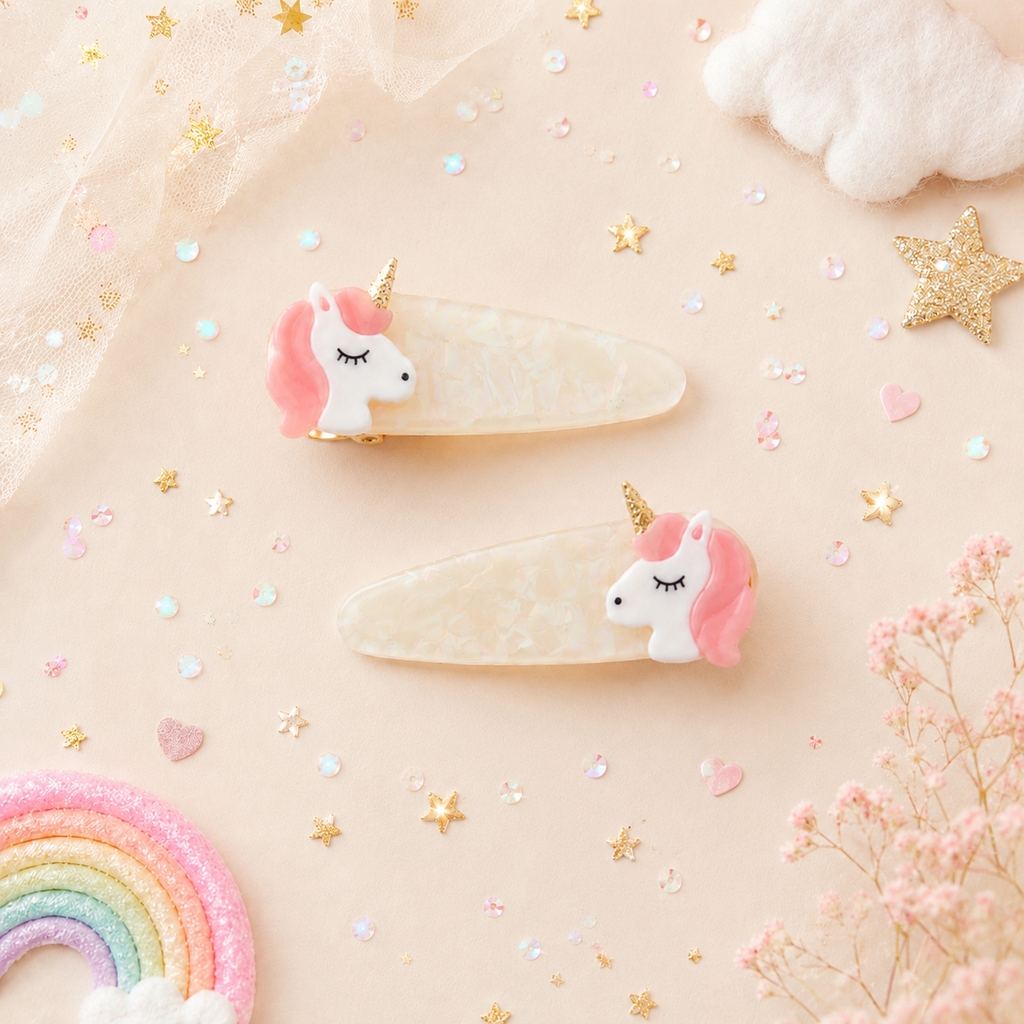 Unicorn hair clips for girls with gold horns and pink manes