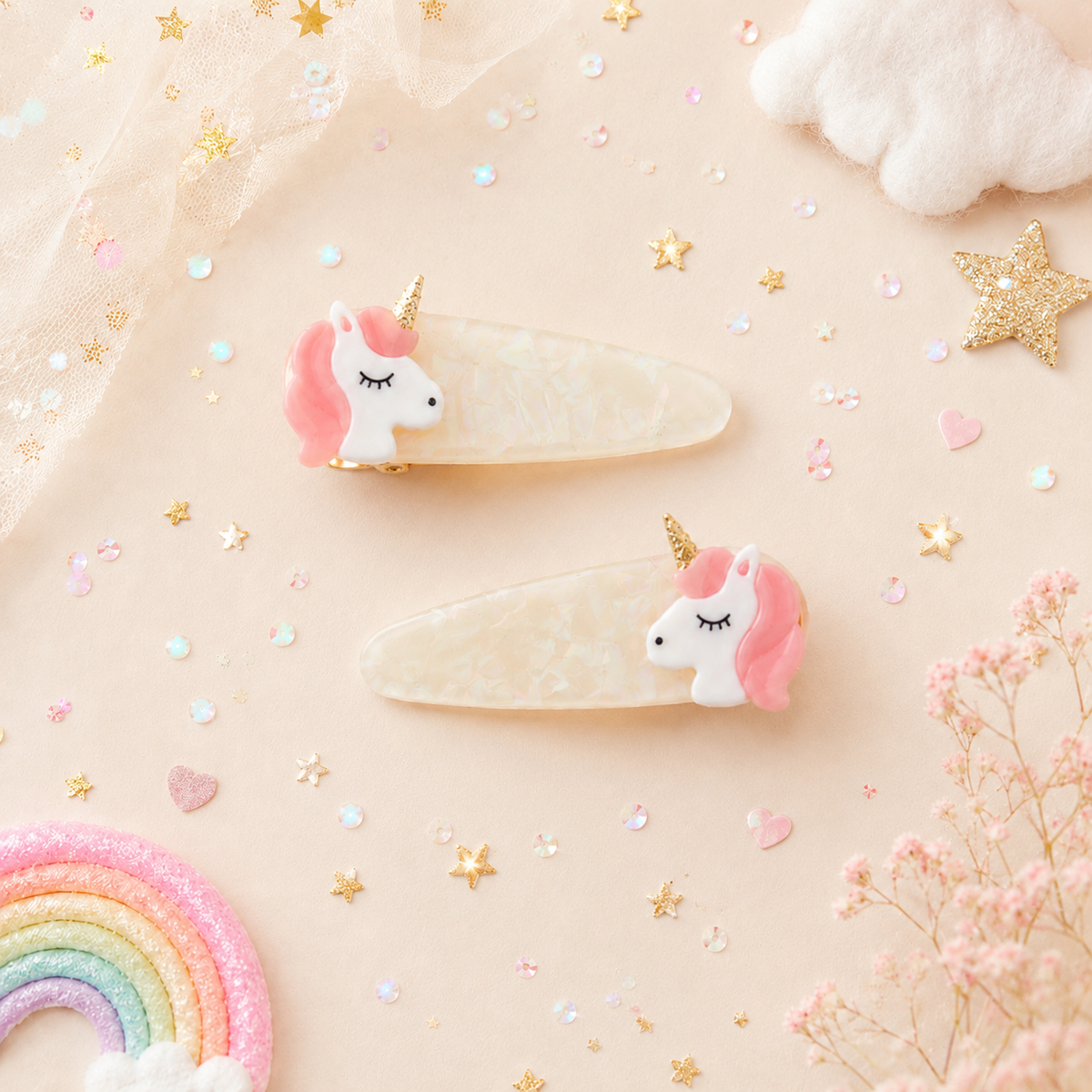 Unicorn hair clips for girls with gold horns and pink manes