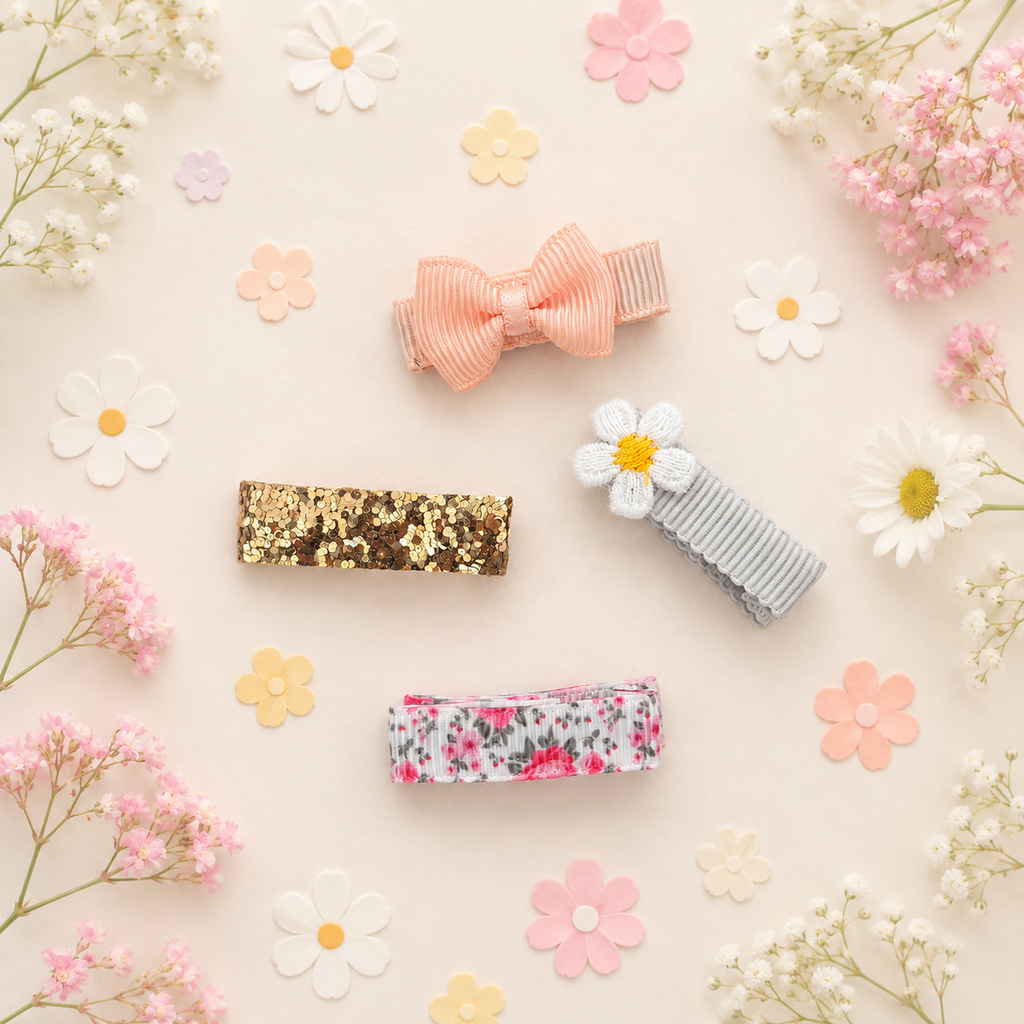Set of four mini hair clips with pink bow, glitter and floral designs