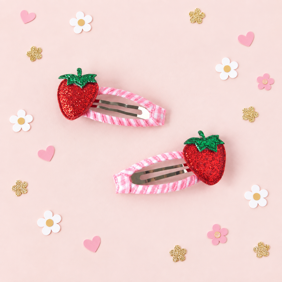 Strawberry snap hair clips with glitter strawberry embellishments and pink gingham ribbon