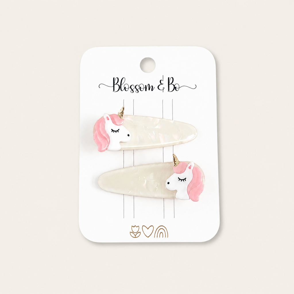 Unicorn hair clips for girls with pink manes and gold glitter horns