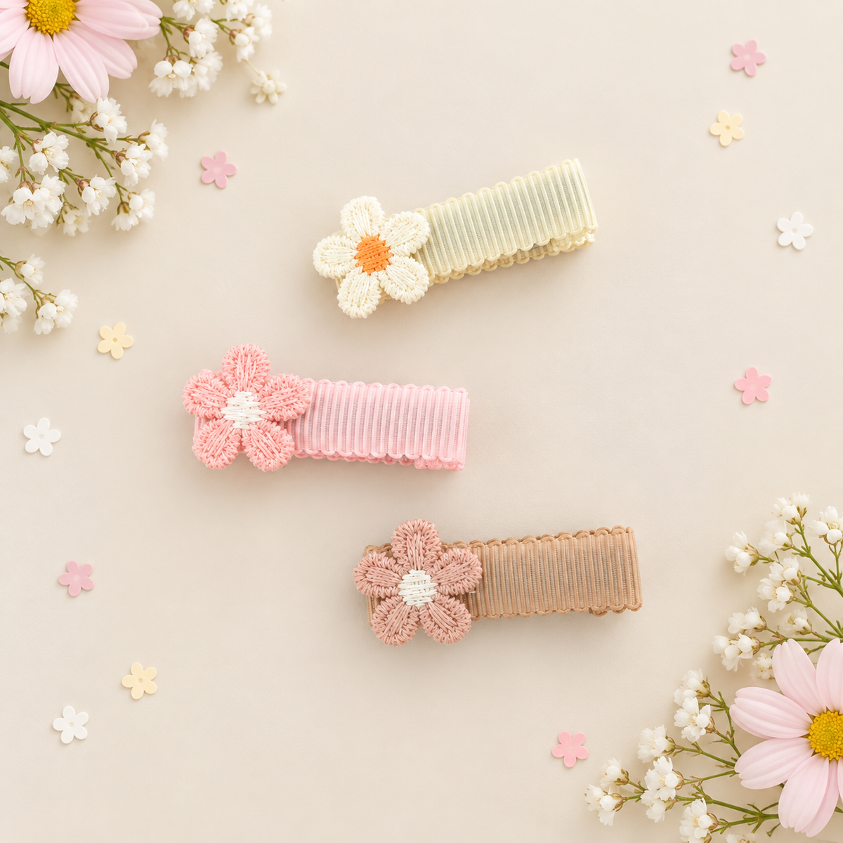 Neutral flower hair clips with soft ribbon lined alligator clips