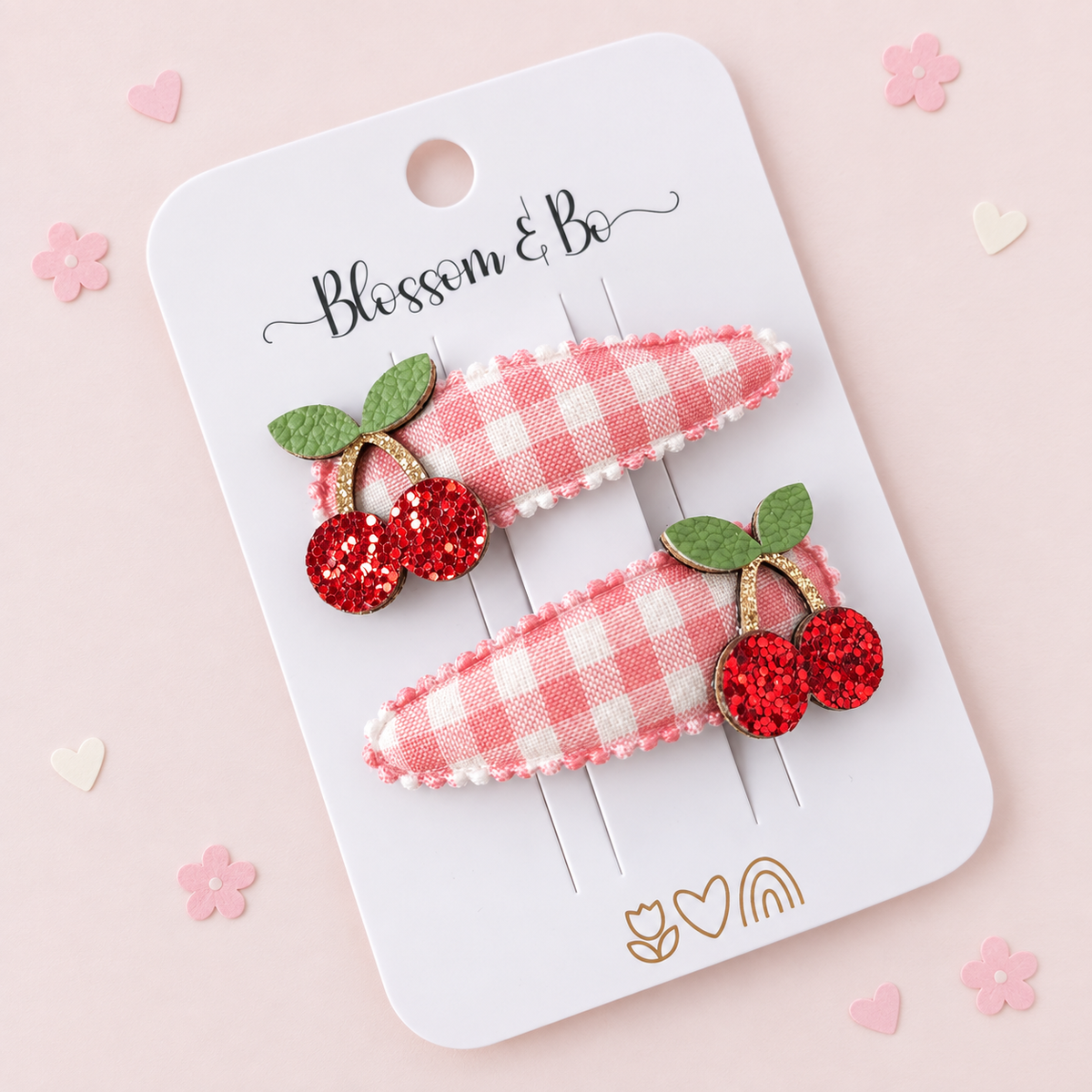 Pair of cherry hair clips for girls with pink gingham ribbon