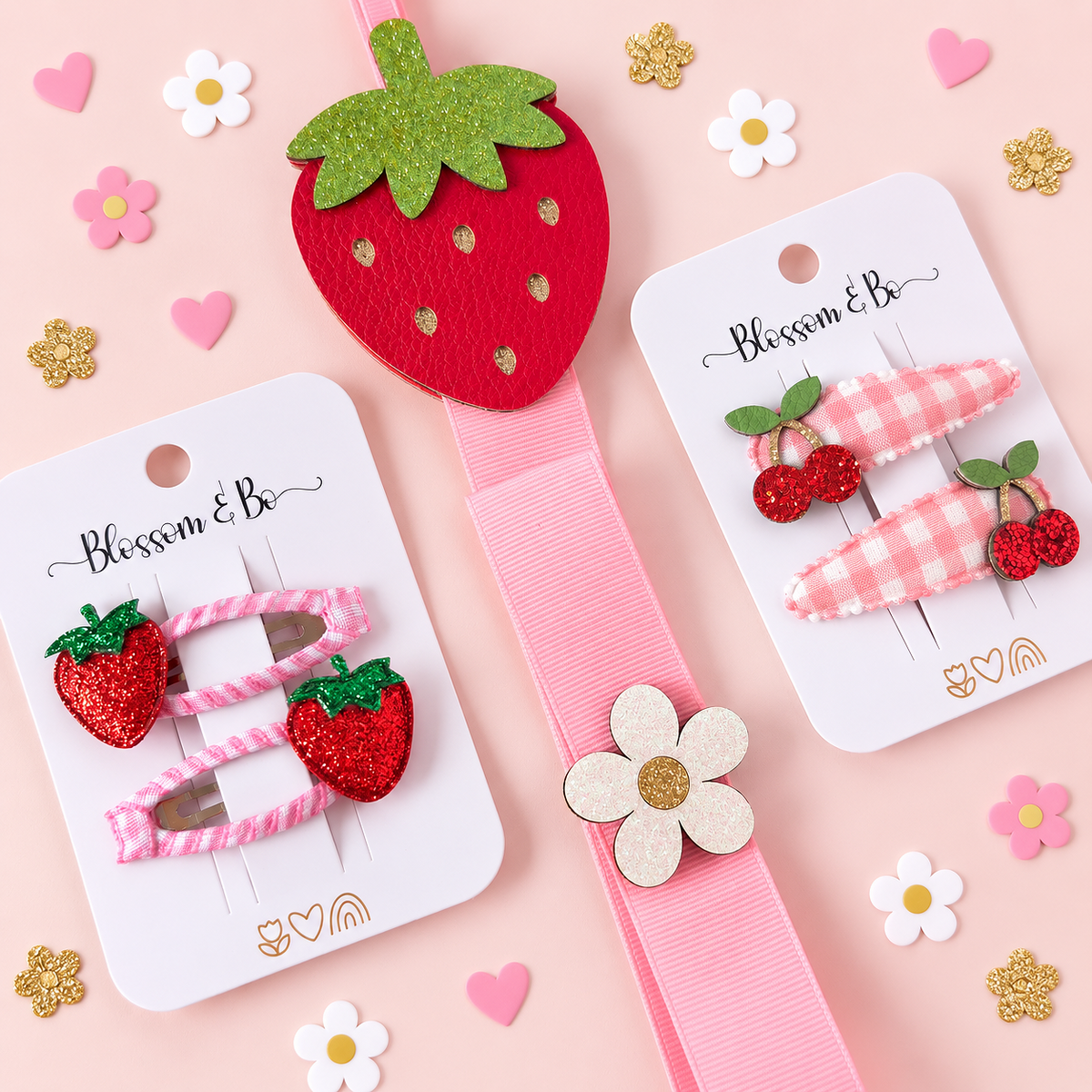 Strawberry and cherry hair clips for girls with pink gingham ribbon