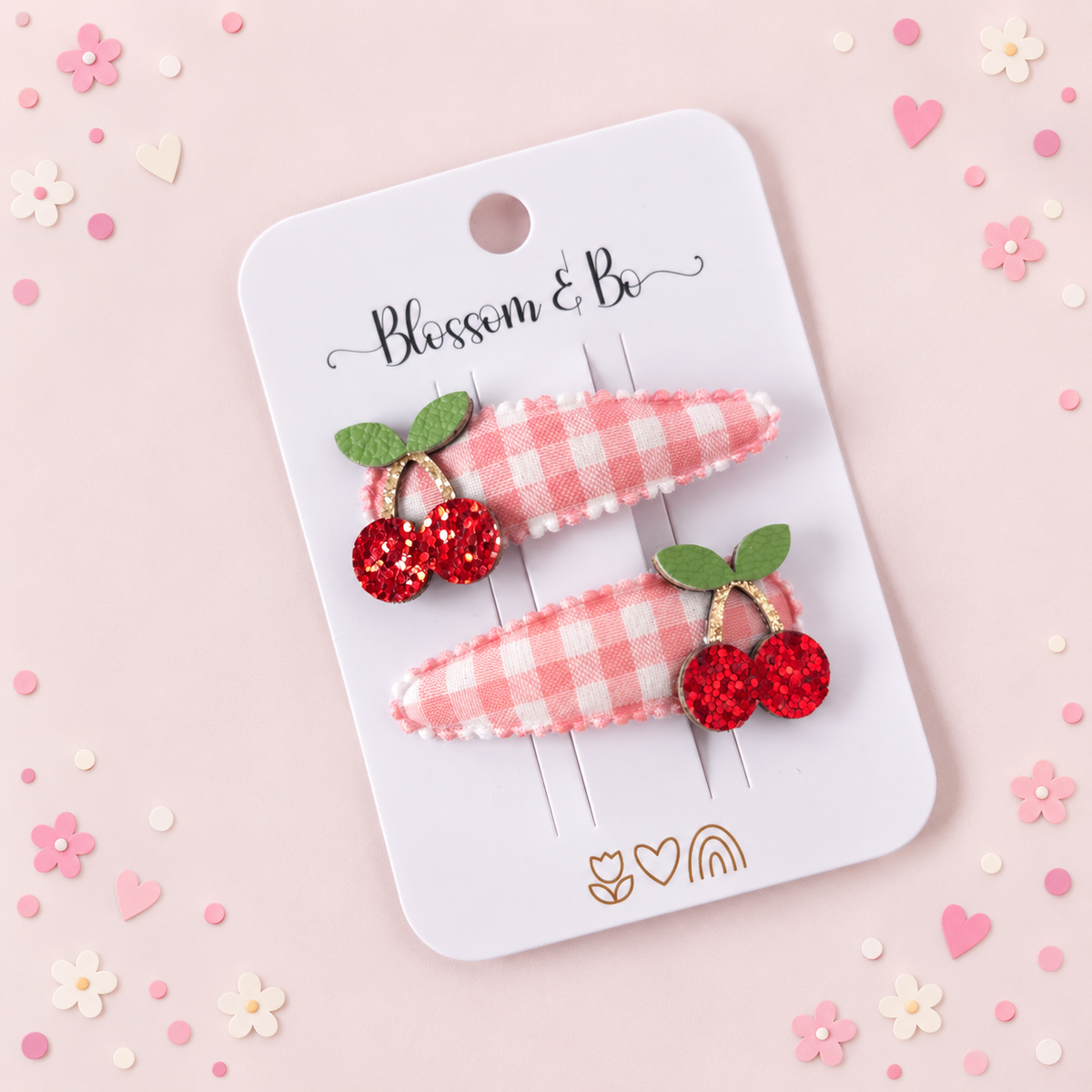 Cherry hair clips for girls with glitter cherry embellishments and pink gingham ribbon