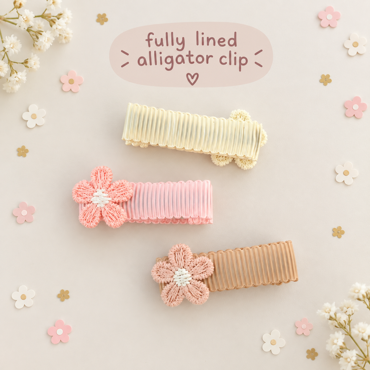 Mini flower hair clips with fully ribbon lined alligator clips in neutral colours