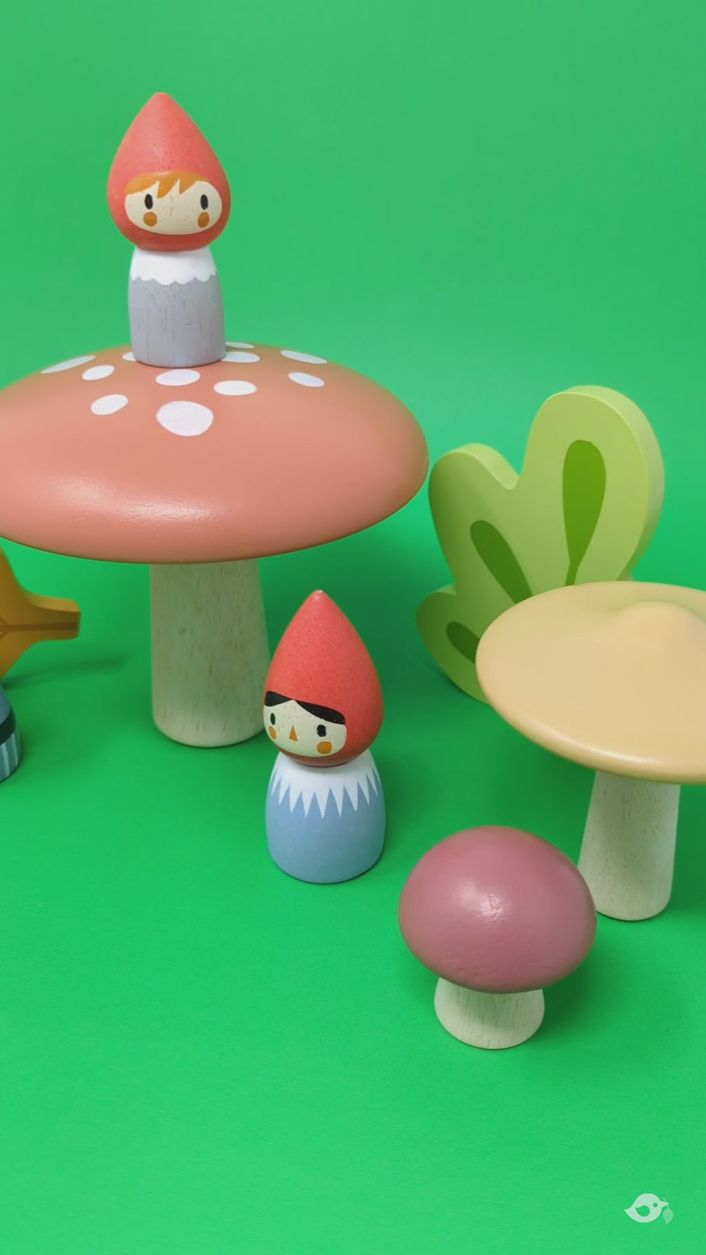 Video showing the little wooden gnomes with their mushrooms and leaves play set
