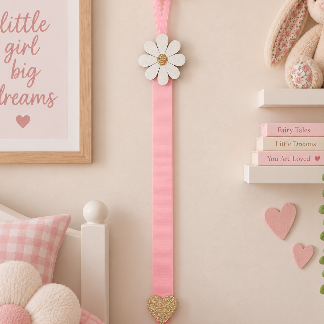 Daisy hair clip holder  with pink ribbon and gold glitter heart displayed in a child's room
