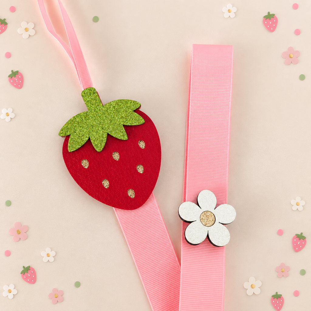 Strawberry hair clip holder with pink ribbon and flower detail