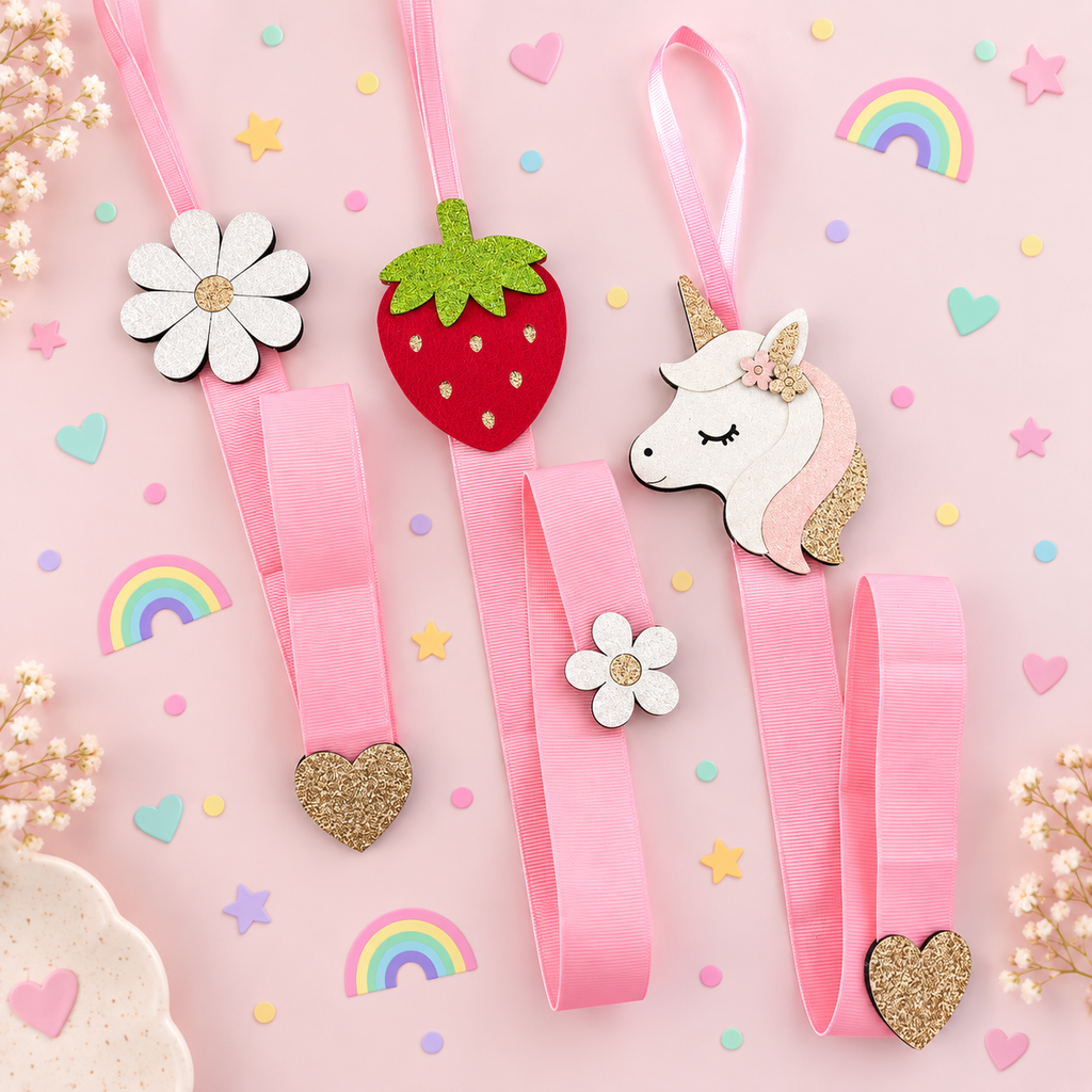 Strawberry, unicorn and flower hair clip holders with pink ribbon