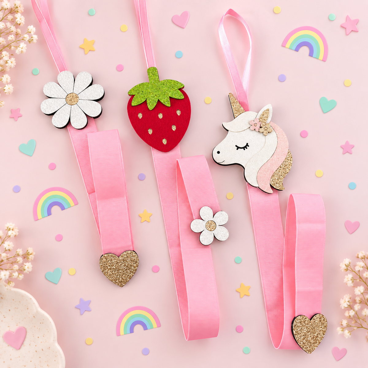 Strawberry, unicorn and flower hair clip holders with pink ribbon