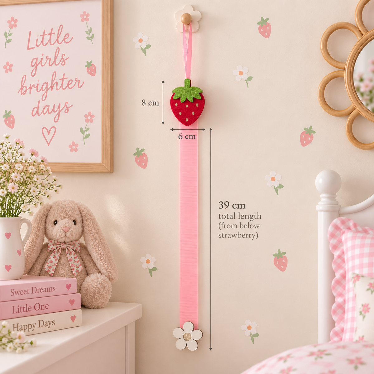 Strawberry hair clip holder with pink ribbon and dimensions showing 39cm total length