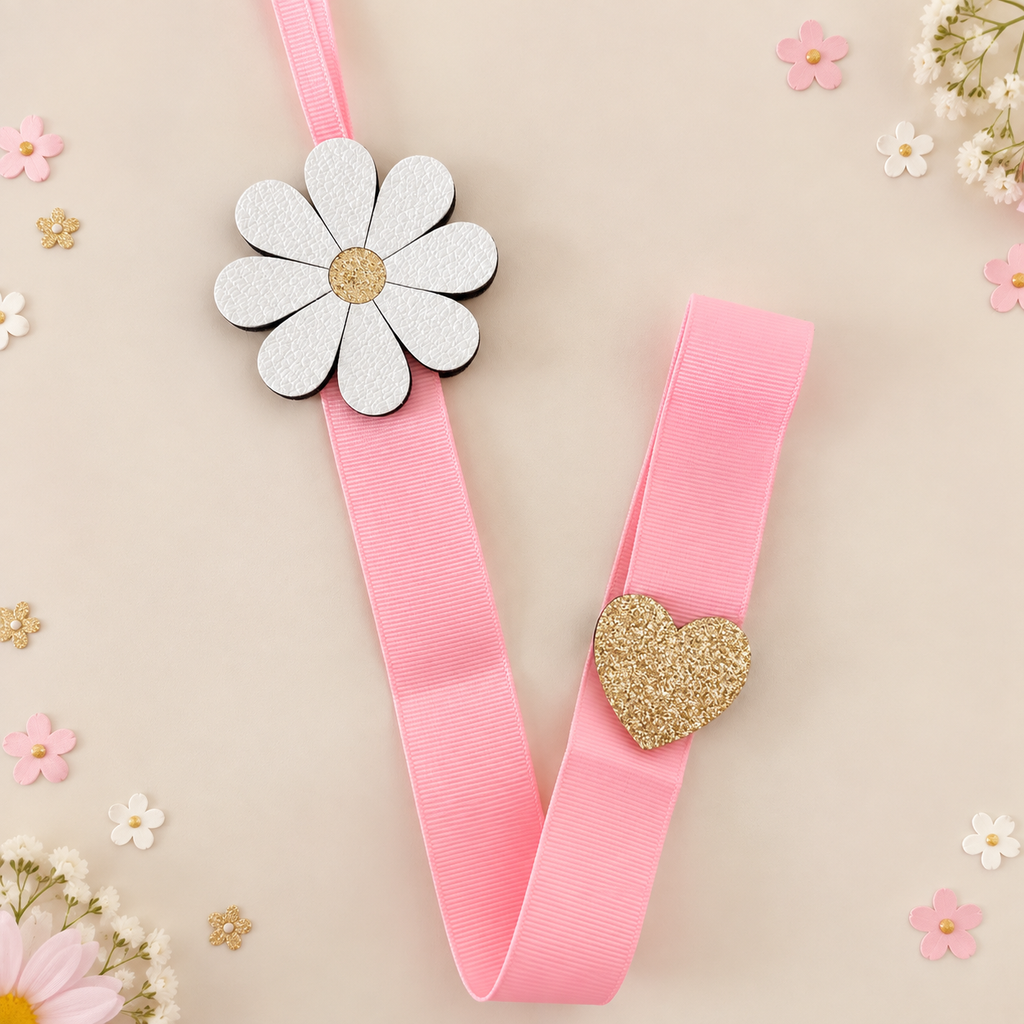 White daisy hair clip hanger with gold glitter centre and small gold heart detail