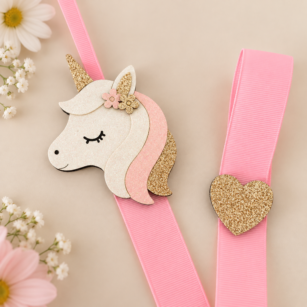 Close up of unicorn hair clip holder with pink ribbon and gold detail