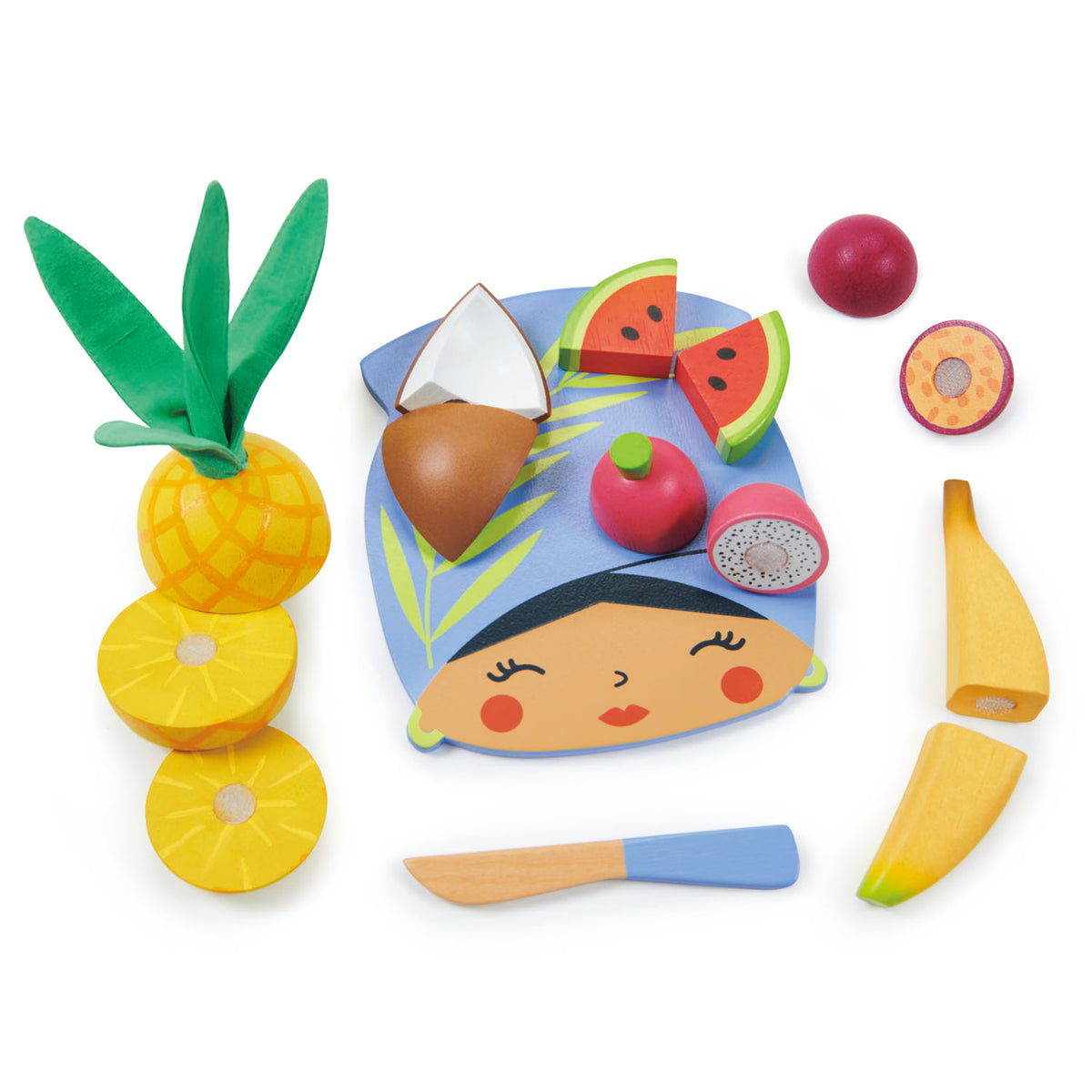 Colorful wooden toy fruit set with a face on a white background