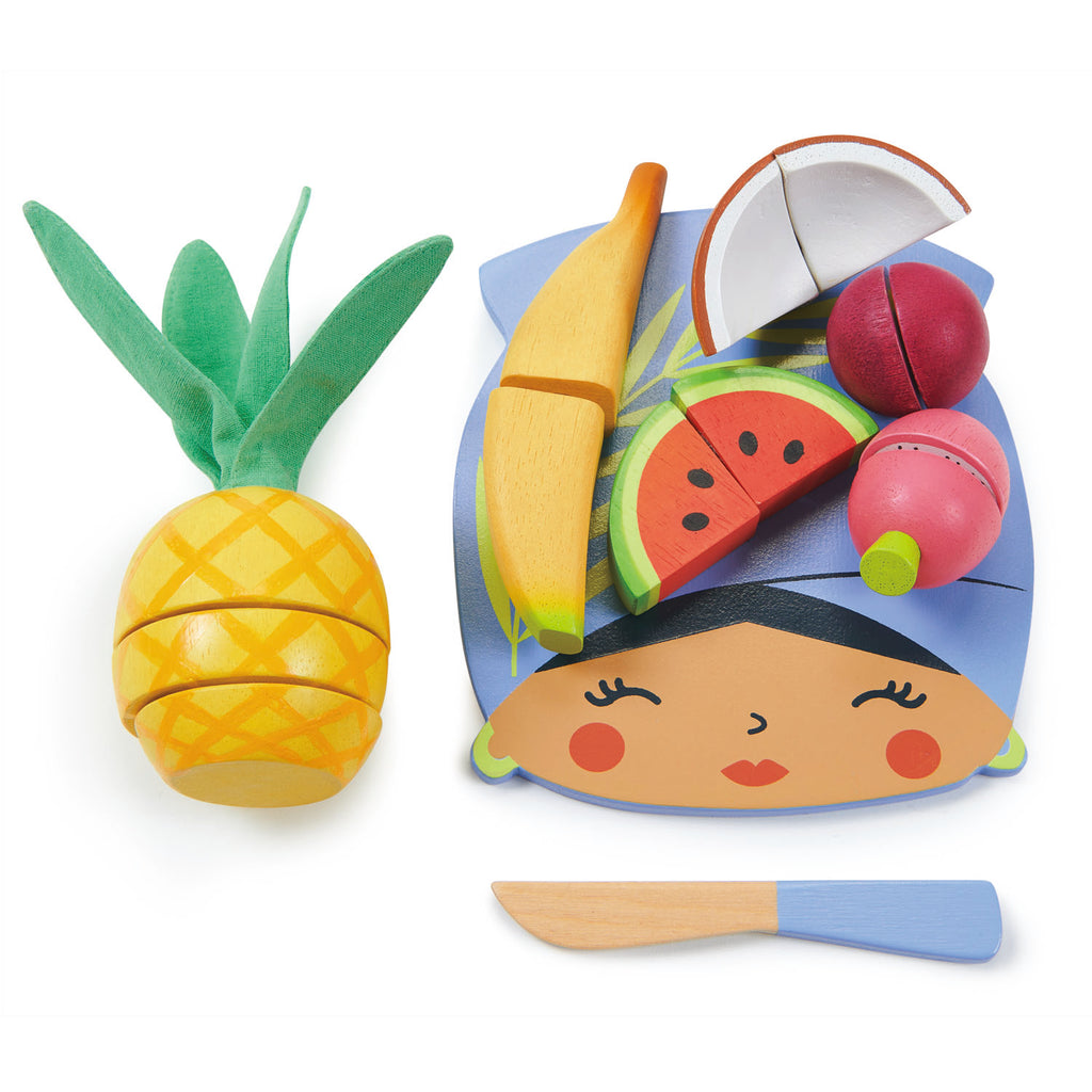 Colorful wooden toy set with pineapple, banana, watermelon, and other tropical fruits on a white background